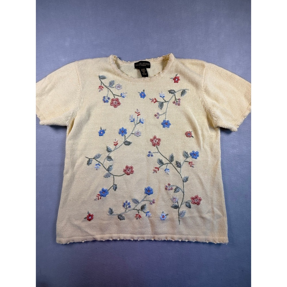 Salon Studio Haband Cream Yellow Floral Embroidered Knit Sweater Top Large